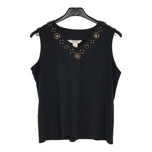 Tanjay Black Sleeveless V-neck beaded neckline tank top size S petite